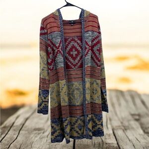 Tribal Patterned Open Front Cardigan With Hood